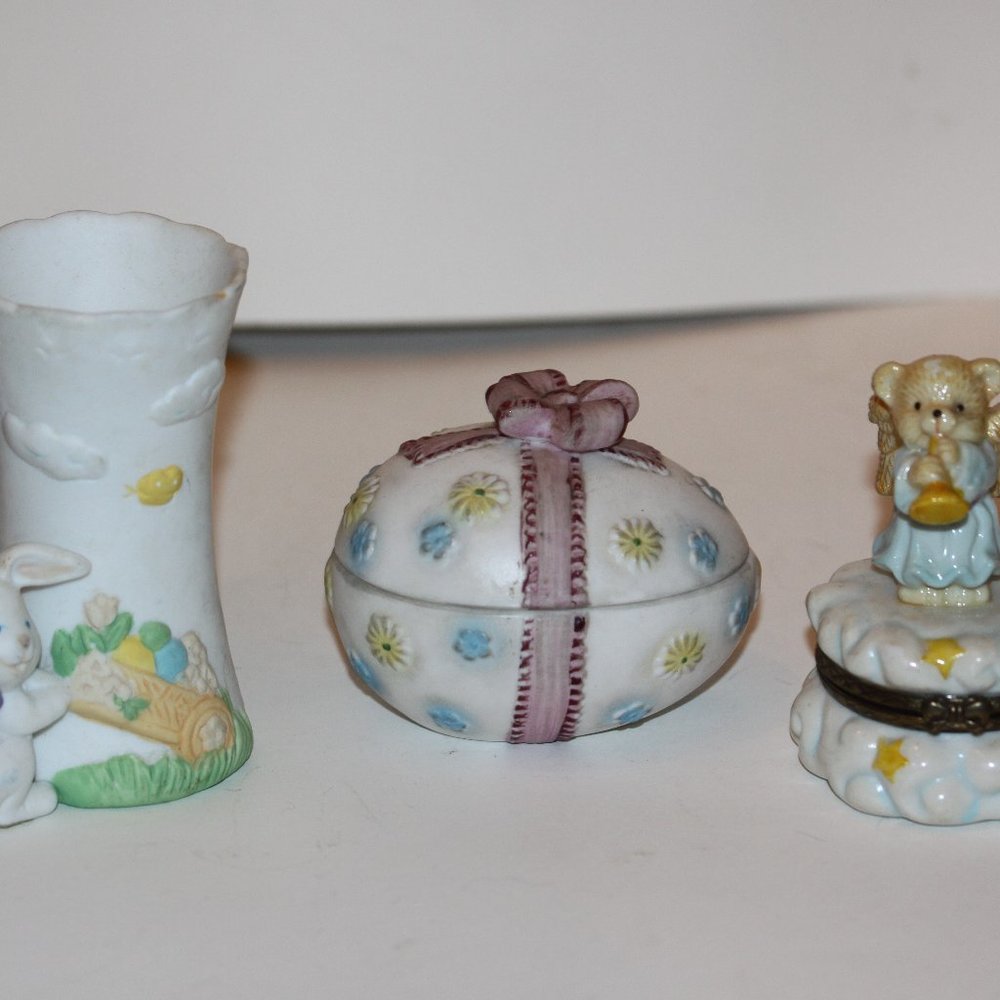 RUSS Bunny Vase, Lefton Trinket Egg, Bear Angel Trinket Pocelain Ceramic